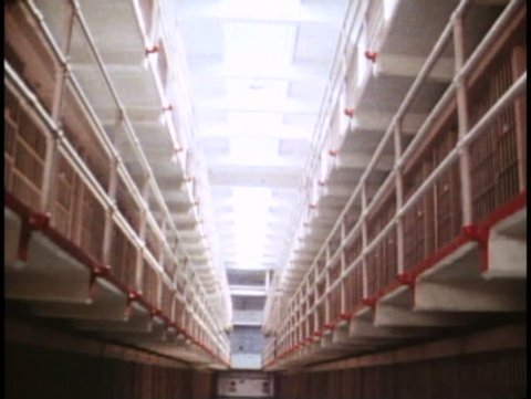 SAN FRANCISCO, CALIFORNIA, 1979, Alcatraz Prison, long row of cells, no people