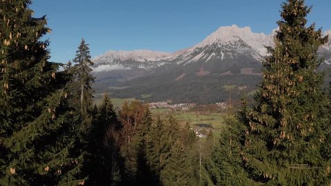AERIAL: Flying through trees to see beautiful valley in the alps,tyrol