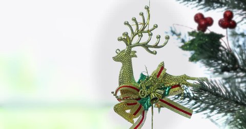 Close up scene VDO of Reindeer shape ornament hangs on pine branches, concept for Christmas festival.
