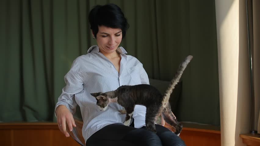 Human and animals. Young woman playing with a devon rex cat indoor. Mental health during home isolation. Alone with pets. Zoonotic transmission from animals to people. Young woman playing with cat. Royalty-Free Stock Footage #1020456199