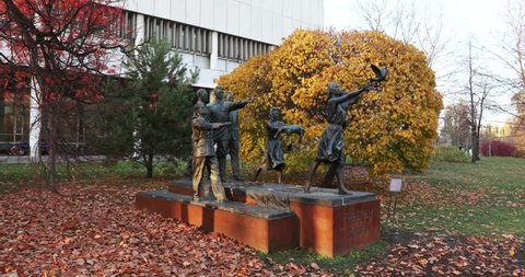 RUSSIA, MOSCOW - November 04, 2018: Monument to Soviet people We demand peace of Soviet sculptures in the Park Museon. Celebration of Unity Day in Moscow. In November 2018 in Moscow Russian Federation