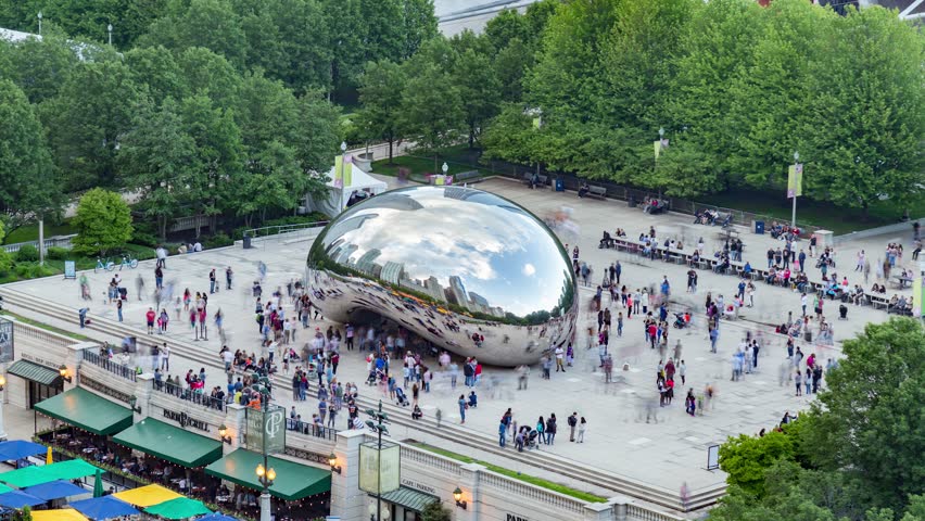 Chicago, USA - October 10, 2018: Aerial timelapse view from above of The bean cloud gate sculpture in Millennium Park