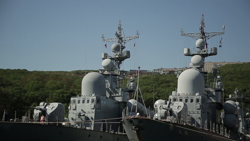 SAINT-PETERSBURG, RUSSIA Ships of the Russian Navy in a wake column in the water area of the Neva. Navy Day in St. Petersburg