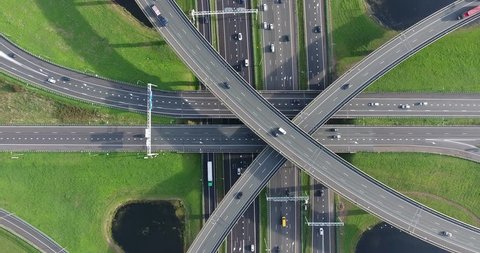 Top view of highways junction in nature Field, Netherlands, Aerial 