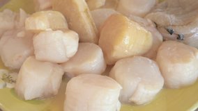 Plate of raw scallops in 4k. Prepping the shellfish to be served ceviche style. Closeup can be used in videos on cooking, global overfishing and pescatarian diets.