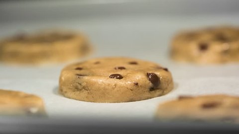 Chocolate chip cookies baking in oven time lapse macro /  close up. Arkivvideo