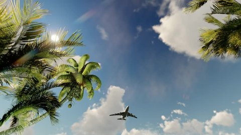 Plane boeing is landing. Flying low over above the ground. In foreground trees palms. Against background of  small cumulus clouds. Travel as in dreams. Tropical landscape 3d rendering.
