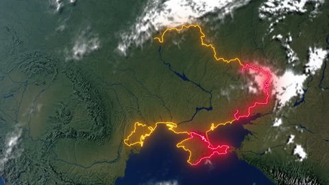 Realistic 3d animated earth showing the borders of the country Ukraine, the capital Kiev and pro-Russian areas in 4K resolution