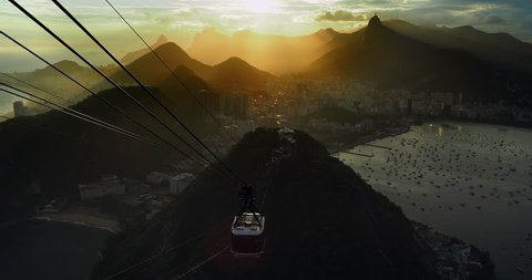 Rio de Janeiro cityscape and Sugarloaf Cable Car at sunset inRio de Janeiro, Brazil.