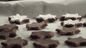 Putting the topping onto Zimtsterne (Cinamon Stars) on a rustical wooden cutting board with christmas decoration around it - Powered by Shutterstock - Get 15% off with code: PIKWIZARD15