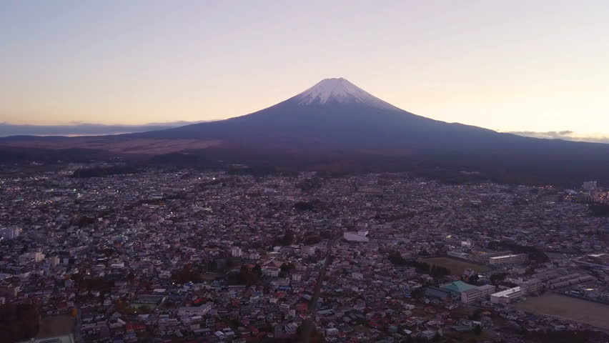 Aerial view of Fuji mountain at sunset in Fujikawaguchiko, Yamanashi. Urban city, Japan. Landscape with architecture buildings