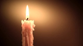 Candle flame close up on a dark background. Candle light border design. Melted Wax Candle Burning at Night. Rotated Candles Burning in the Dark. Candlelight. 4K UHD video