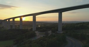 Aerial shot of M7 motorway Viaduct in Hungary at sunset with lake Balaton in view