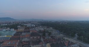 Aerial shot over central Budapest cityscape at sunrise