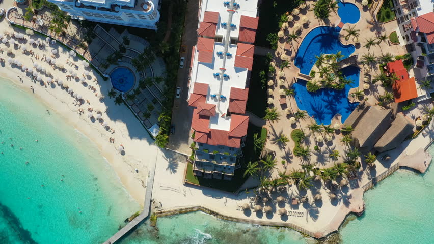 Aerial view of cityscape of Cancun, famous resort city by Caribbean Sea - landscape panorama of Yucatan Peninsula from above, Mexico, Central America, 4k UHD
