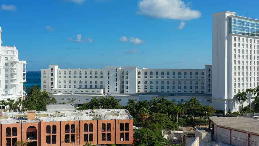 Aerial view of cityscape of Cancun, famous resort city by Caribbean Sea - landscape panorama of Yucatan Peninsula from above, Mexico, Central America, 4k UHD
