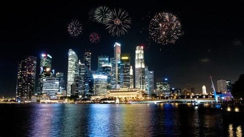 Skyline with Fireworks, Singapore | 4K | Time Lapse