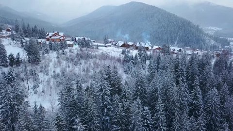 Revealing aerial of inhabited locality in the mountains on winter. Mountain village buildings on snowy hill slopes covered with snow. Countryside, fir tree and pine forest. Cottages of ski resort.