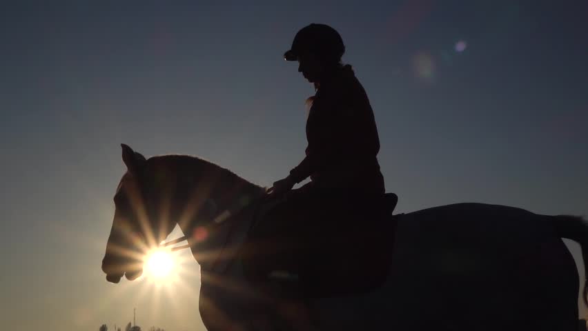 Horsewoman kisses a horse at sunset. Slow motion