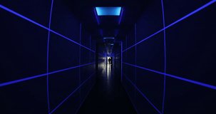 Corridor with excellent blue laser rays. Neon abstract walls with illumination. Futurism. Indoors. Lighting effects.