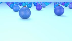 christmas balls on surface in a rows. 3d animation for new year compositions or background with depth of field. amera moves smoothly above the surface. Blue shades 2