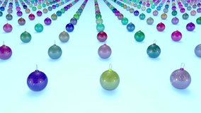 christmas balls on surface in a rows. 3d animation for new year compositions or background with depth of field. amera moves smoothly above the surface. Multi colored 8