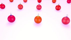 christmas balls on surface in a rows. 3d animation for new year compositions or background with depth of field. amera moves smoothly above the surface. Red shades 10