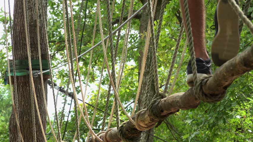 Child passing route in rope park, Safety equipment carabiner and ropes for climbing trees in extreme park