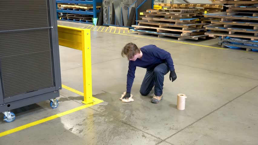 A worker cleans up a puddle of water on a factory floor that is a safety hazard.  An industrial safety topic. | Shutterstock HD Video #1020551323