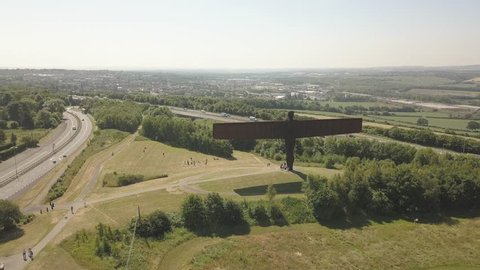 Flight above Angel of the North sculpture by Antony Gormley, Gateshead, Newcastle-upon-Tyne, Tyne and Wear, England
