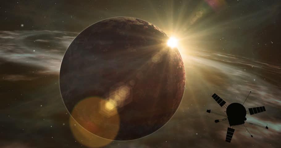 Space probe orbiting and explore distant two suns solar system and exoplanets. Realistic deep cosmos star ship traveling light-years from earth.