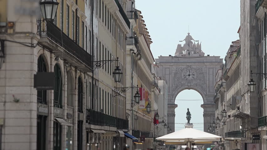 Lisbon Famous Landmark Augusta Arch Panning Shot. Panning shot of famous Rua Augusta Arch monument in Lisbon, Portugal. 