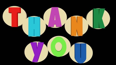 Thank you outro with multicolored letters and white rotating circles on black background