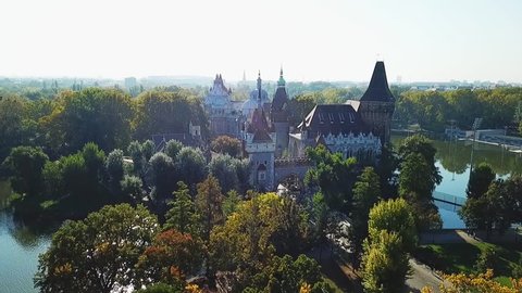 General view of the Buda Castle, the Matthias Church and the Fishermen Bastion overlooking the river Danube in central Budapest - drone aerial video