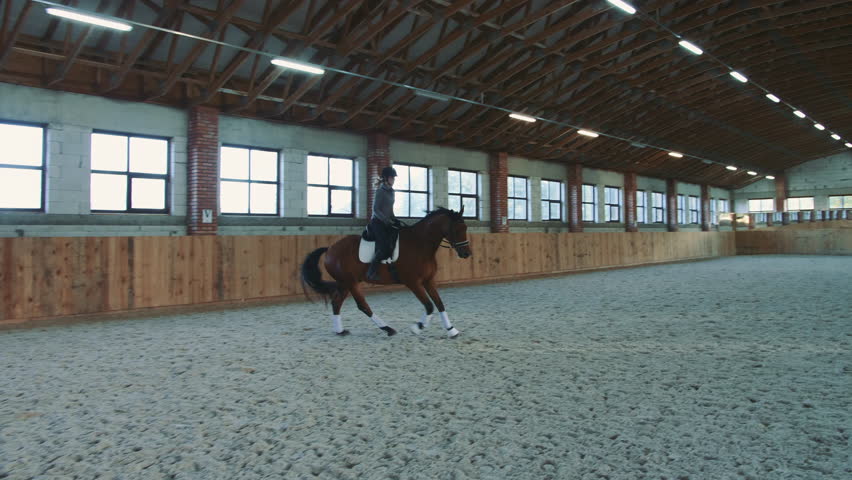Woman riding horse on covered racetrack. View of woman training and riding horse on sandy arena under roof. | Shutterstock HD Video #1020582106