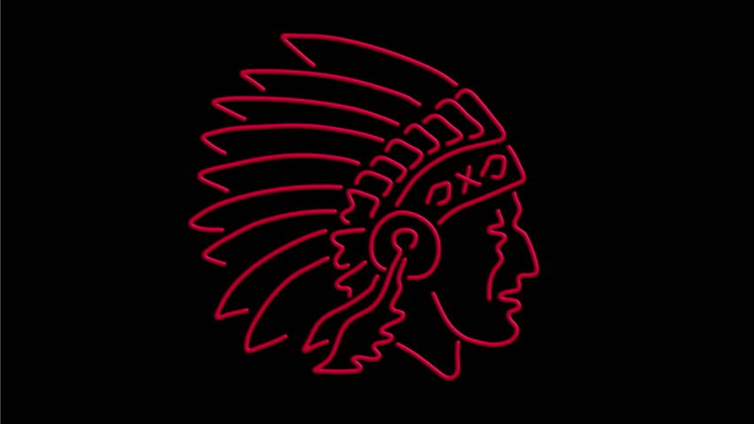 2d Animation motion graphics showing neon sign light signage lighting of a Native American Indian chief wearing headdress viewed from side  on black screen in HD high definition done retro style.