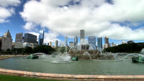 Chicago, USA - September 16, 2018: Panorama of fountain at day time, Buckingham Fountain is a Chicago landmark in the center of Grant Park, dedicated in 1927