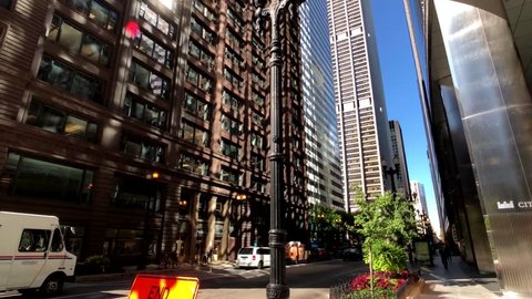Chicago, USA - September 16, 2018: Panorama of downtown at day time, observing architecture, city life