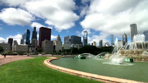 Chicago, USA - September 16, 2018: Panorama of fountain at day time, Buckingham Fountain is a Chicago landmark in the center of Grant Park, dedicated in 1927
