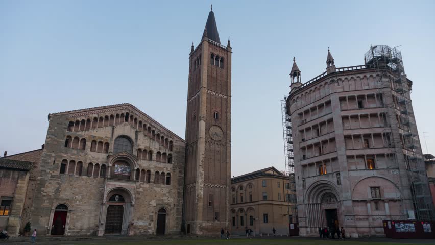 TIME LAPSE: Day to night of Duomo square with the old Cathedral and Baptistery. Parma, Italy. 