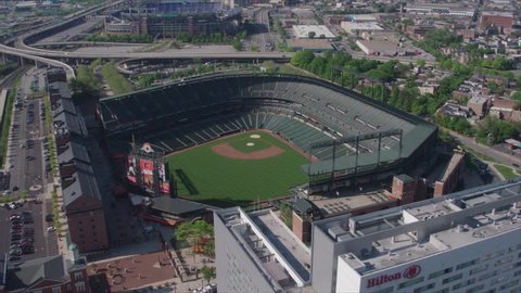 Baltimore, Maryland / United States - May 9 2018: Drone Shot of Baltimore, Oriole Park