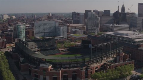 Baltimore, Maryland / United States - May 9 2018: Drone Shot of Oriole Park, Baltimore