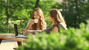 Young pretty female friends drinking coffee and using laptop while sitting and talking in park