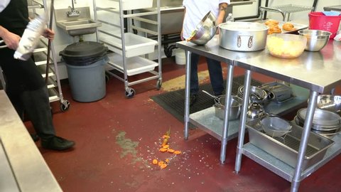 Kitchen worker cleans-up a mess on the floor.  A food safety and occupational health topic.
