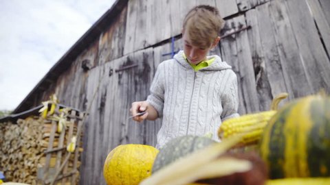 Young boy cleaning pumpking inside low angle HD. Slide low angle shot of boy on table removing inside meat and seeds of big pumpkin. Old wooden retro background.