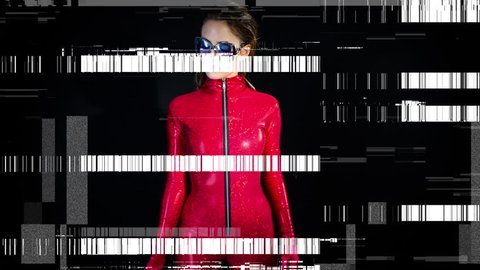 sexy cool woman posing and dancing in a wild red catsuit in a disco setting with  overlayed video distortion and glitch effects.