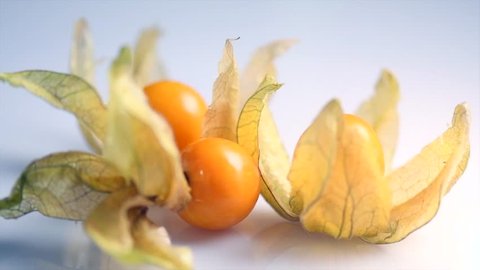 Physalis fruit closeup. Groundcherry fruits rotated over white background. Ripe fresh Physalis plant, yellow berry. Cape gooseberry. Goldenberry. Slow motion 4K UHD video
