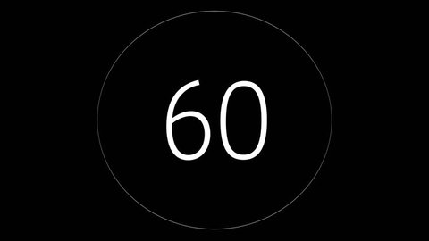 Countdown 60 to 0. Timer, chronometer on black background with white circle. 