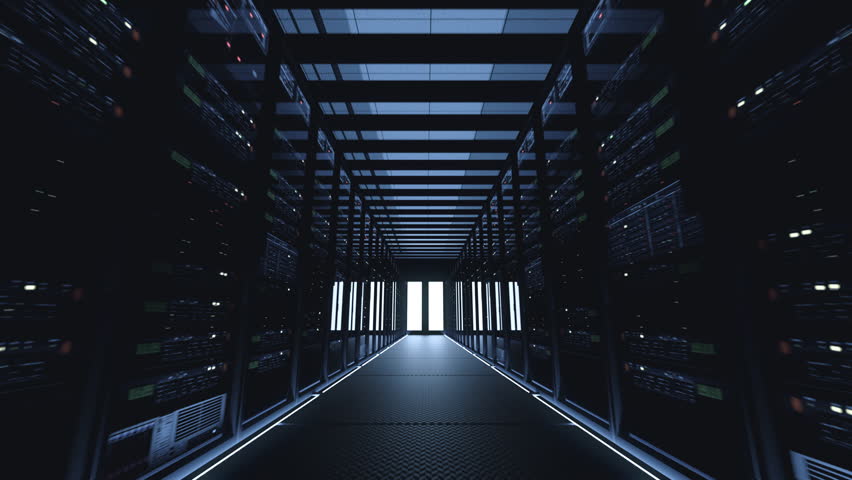 Moving slowly through a futuristic busy data center with flashing server rack lights. 4K 3D Render Royalty-Free Stock Footage #1020644233