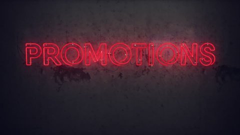 Promotions 3d animation. 4k animated "Promotions" text glittering neon light in white and red for any marketing and sale campaign or business use.